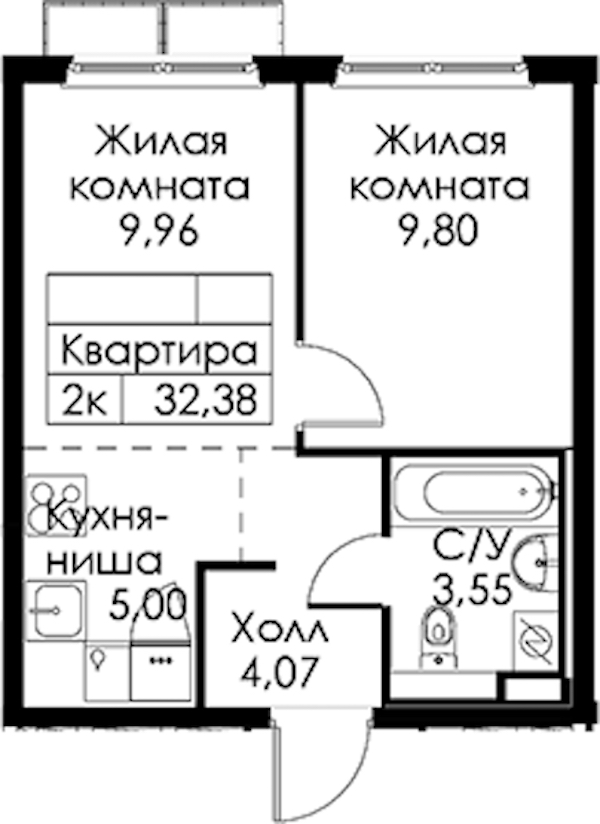 1-комнатная квартира 32.38 м², 4/15 эт., ЖК «Янинский лес»